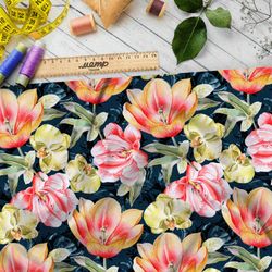 Ткань муслин живые садовые цветы и орхидеи на чёрном фоне