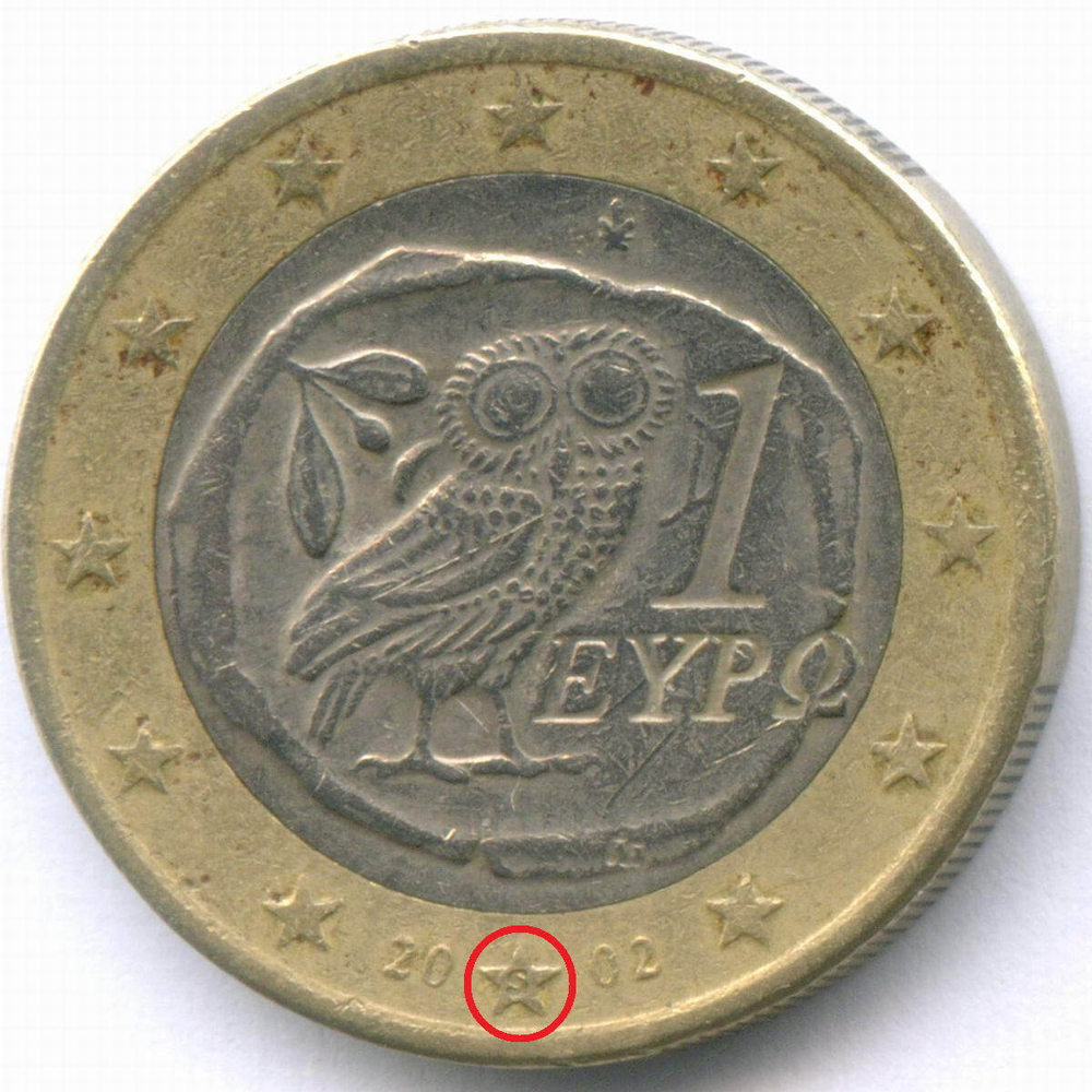 1 евро 2002 год. Греция. Регулярный выпуск. Тип 1 (Разновидность - звезда c S. Suomi - Финляндия). Биметалл F-VF