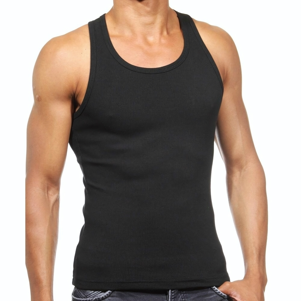 Набор из 2 черных мужских маек из ткани в рубчик (Размер: XL) (Цвет: черный)