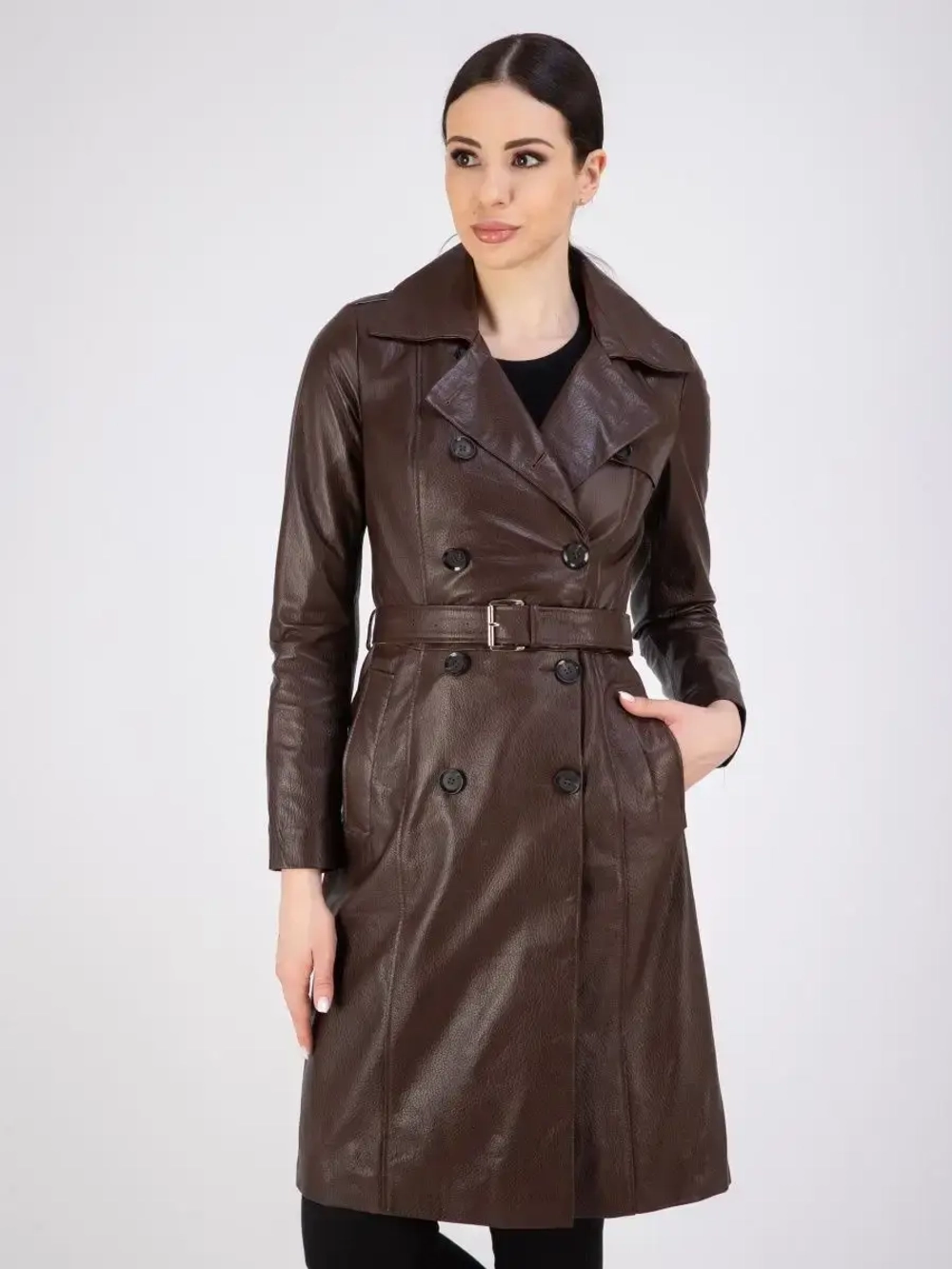 Тренч длинный кожаный с поясом плащ на весну