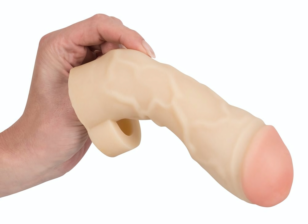 Закрытая удлиняющая насадка на пенис с подхватом мошонки Thicker & Bigger Extension - 17 см. (Цвет: телесный)