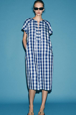 ZARA ПЛАТЬЕ В КЛЕТКУ С ЗАВЯЗКАМИ — ZW COLLECTION, СИНИЙ