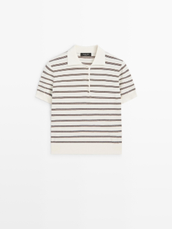 Massimo Dutti Полосатая рубашка-поло с коротким рукавом, кремовый