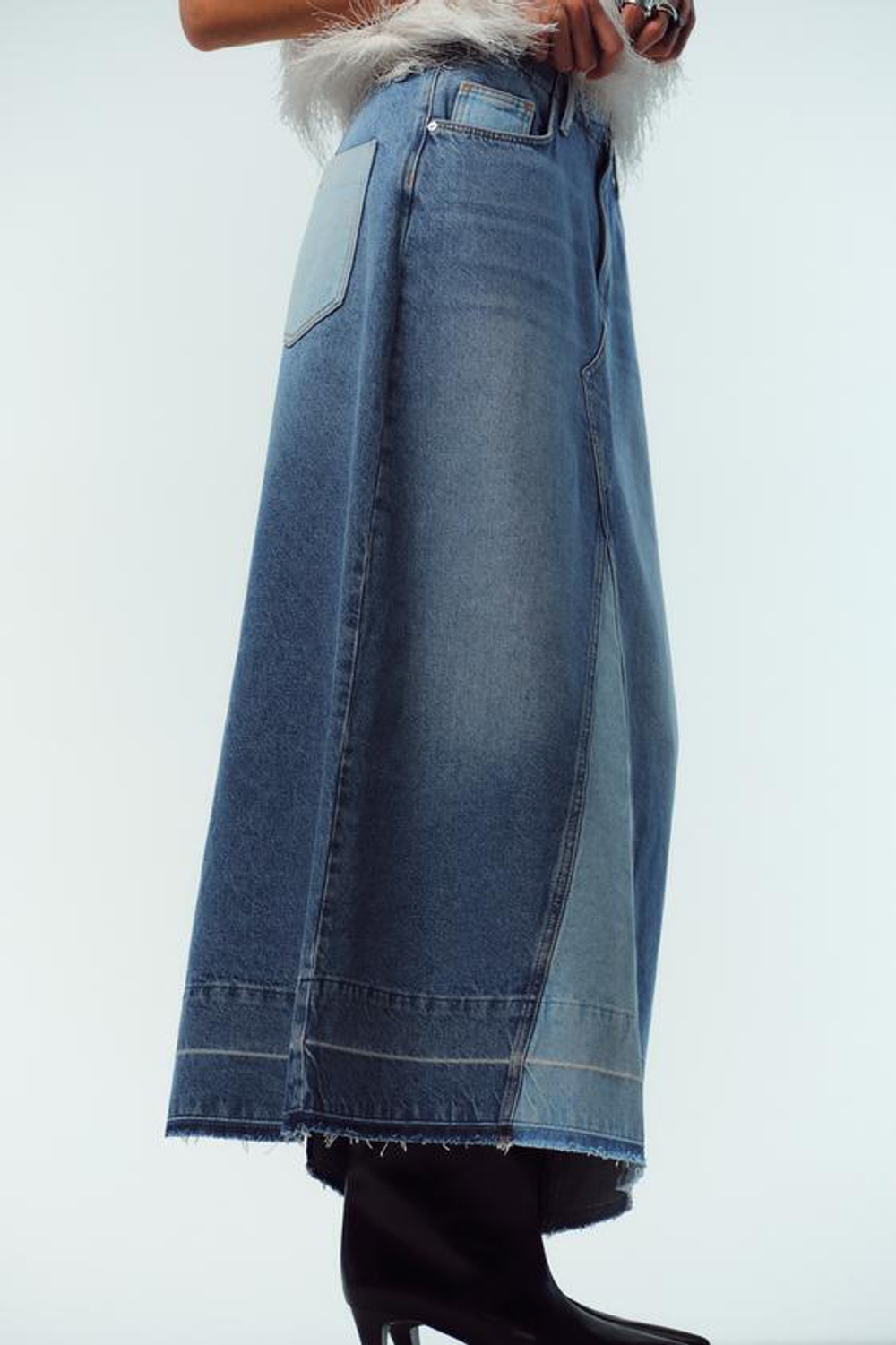 ZARA ДЖИНСОВАЯ ЮБКА-МИДИ Z1975 КОМБИНИРОВАННАЯ, ВЫЦВЕТШИЙ СИНИЙ