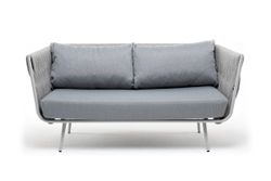 "Монако" диван 2-местный плетеный из роупа, каркас алюминий светло-серый (RAL7035) шагрень, роуп светло-серый 40 мм, ткань светло-серая