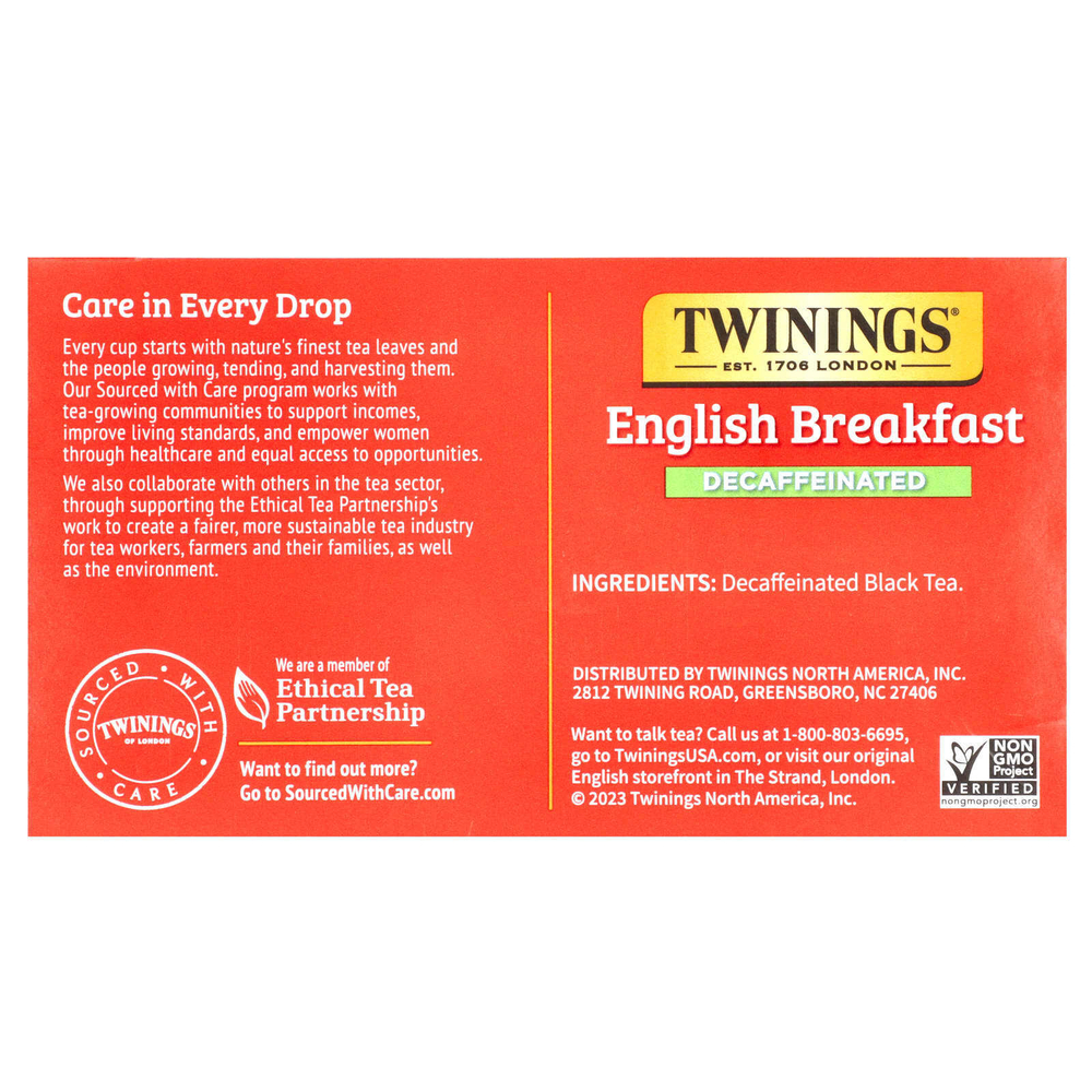 Twinings, English Breakfast, черный чай без кофеина, 50 чайных пакетиков, 100 г (3,53 унции)