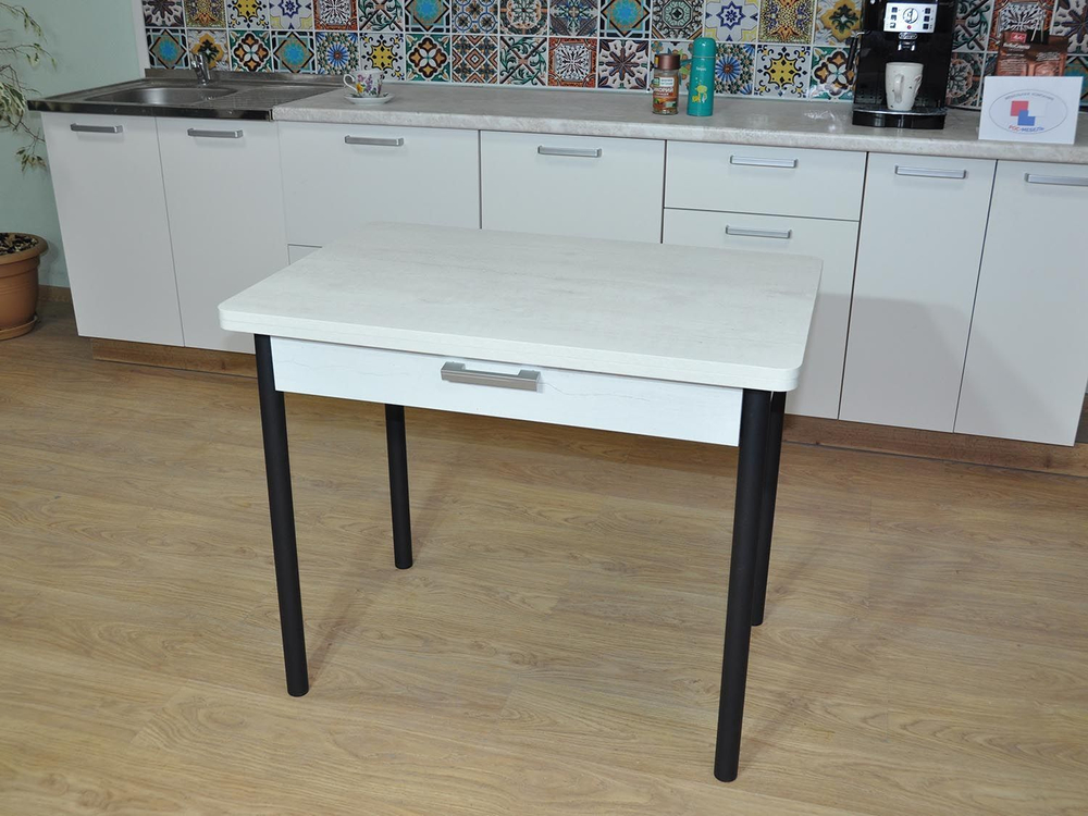 Симпл стол обеденный раскладной с ящиком / бетон белый/черный