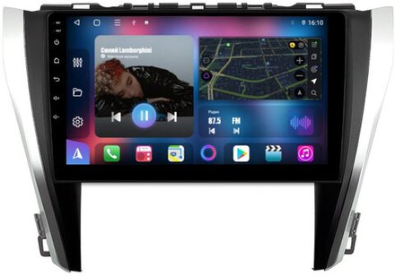 Магнитола для Toyota Camry 2014-2018 (рамка серебристо-черная) - FarCar 7044BM монитор 10" QLED на Android 13, 8-ядер, CarPlay, 4G SIM-слот