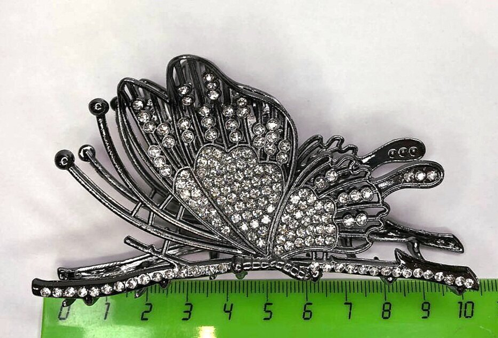 Заколка для волос краб "Бабочка" со стразами. Черная .Усиленная.