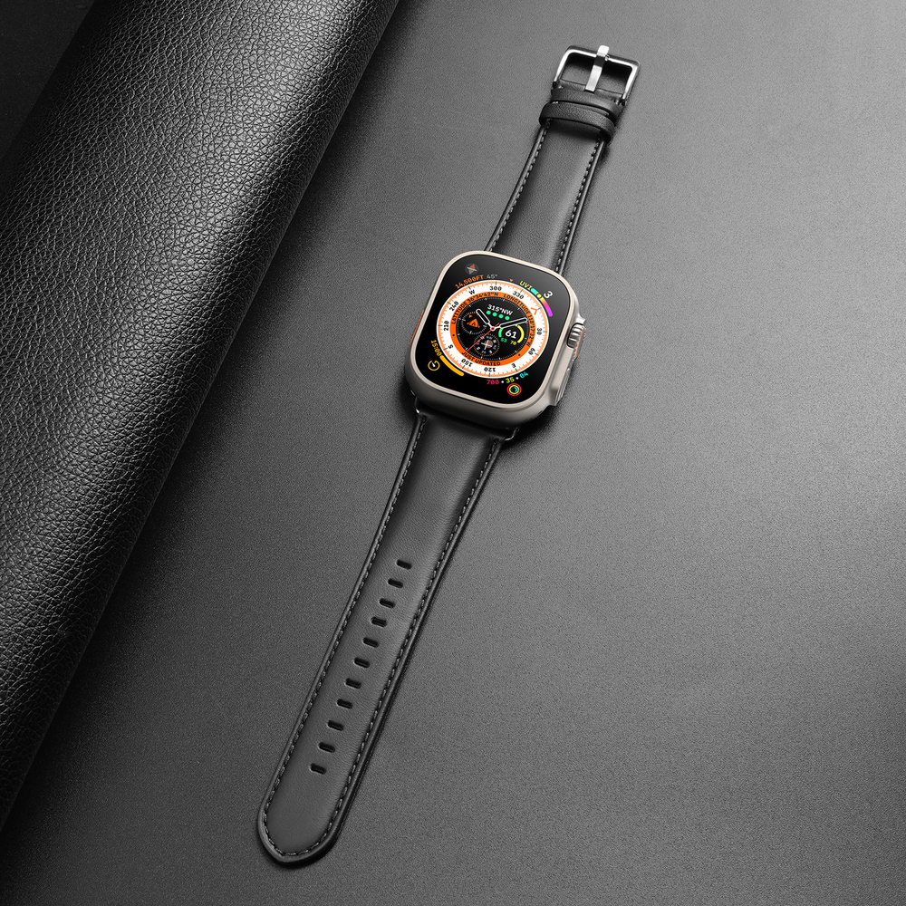 Ремешок из кожи черного цвета от Dux Ducis для смарт часов Apple Watch 42, 44, 45, 46, 49мм, серия YS Series