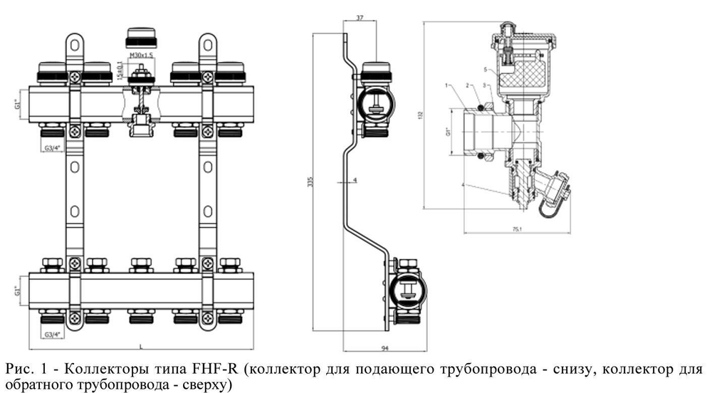 Коллекторная группа FHF-R 1"х3/4" (евроконус), с воздухоотводчиками, с кронштейнами, латунь, Ридан