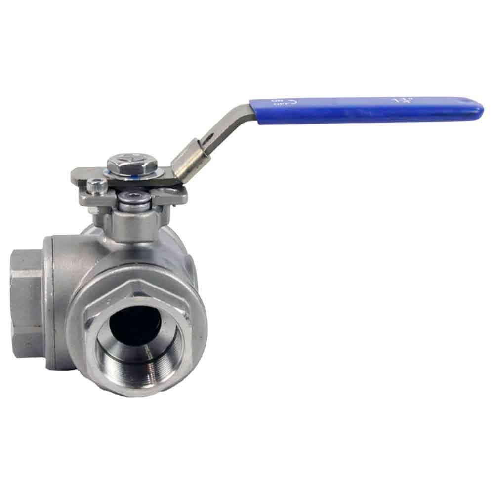 Stainless steel ball 3-way valve Threaded NPT/BSP T-type standard port Elephant RP.SS316.200.MM 986 psi with ISO 5211 mounting pad and handle