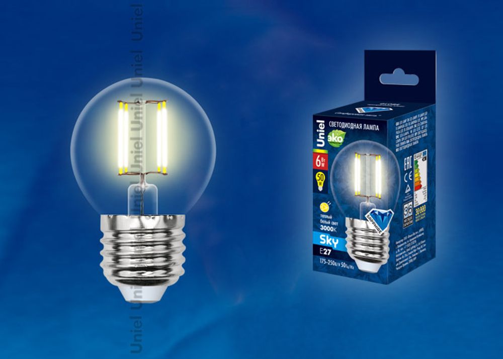 LED-G45-6W/WW/E27/CL PLS02WH Лампа светодиодная. Форма шар, прозрачная. Серия Sky. Теплый белый свет. Картон. ТМ Uniel.