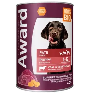 Консервы AWARD для щенков от 1 месяца, паштет из телятины с овощами
