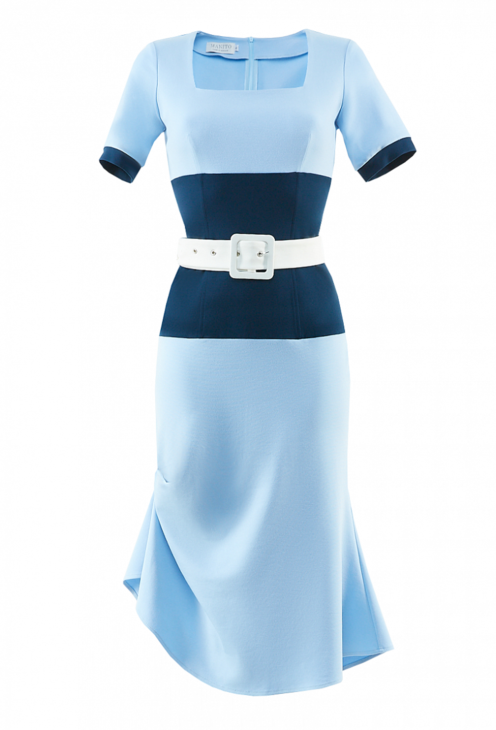 Трикотажное платье с поясом голубое 02-02-20 SS