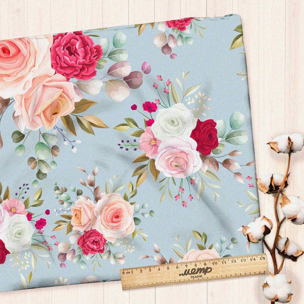 Ткань кулирная гладь розы на голубом