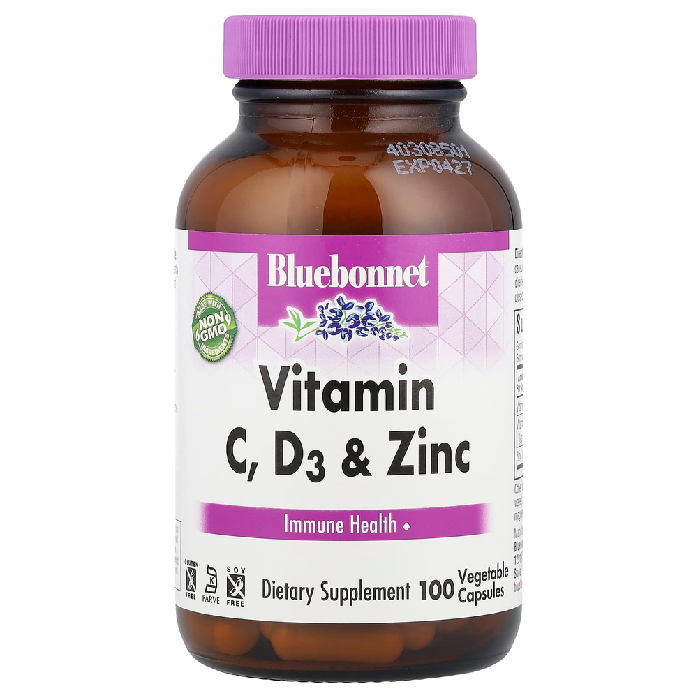 Bluebonnet Nutrition, витамины C, D3 и цинк, 100 растительных капсул