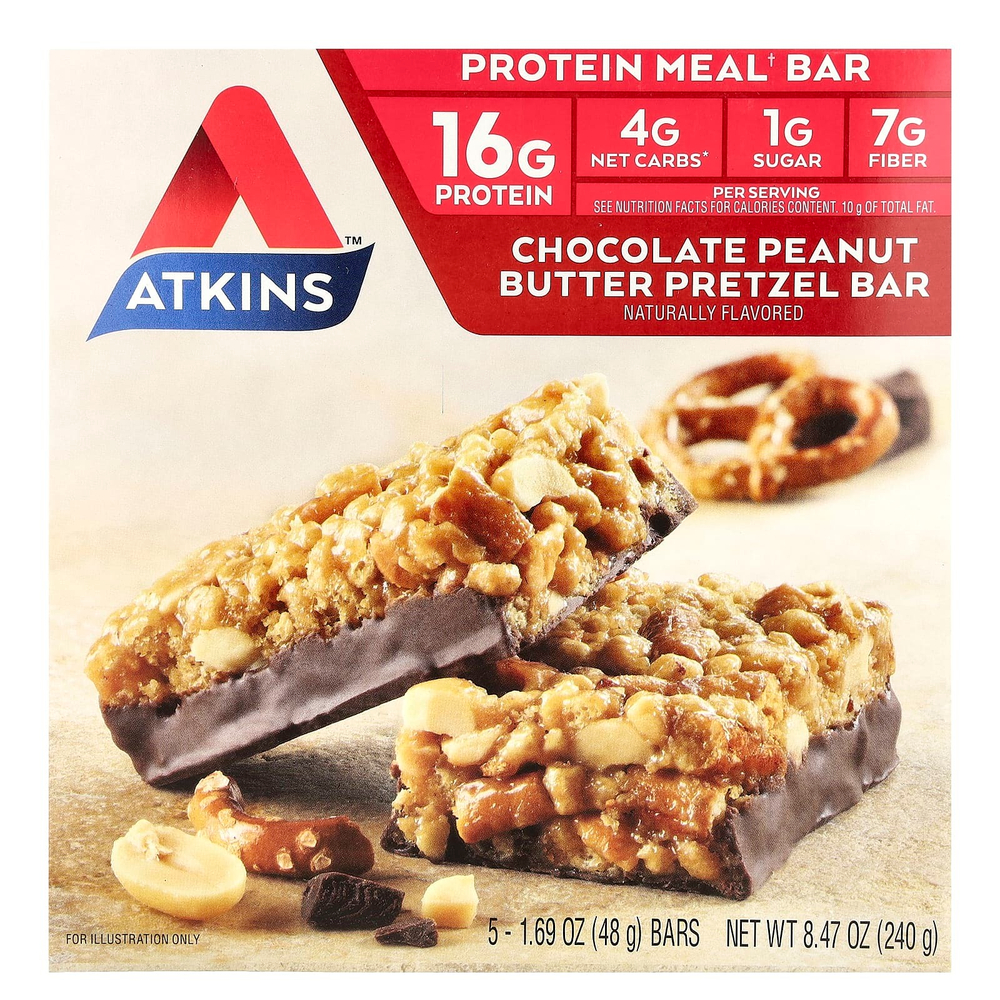 Atkins, шоколадный батончик с арахисовым маслом со вкусом претцелей, 5 батончиков, весом 48 г (1,69 унции) каждый