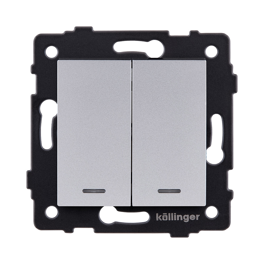 Выключатель кнопочный 2-клавишный 10А/250В с LED подсветкой, серый Kollinger REA-S-014GY для Aspekt, Eleganz, Reflex