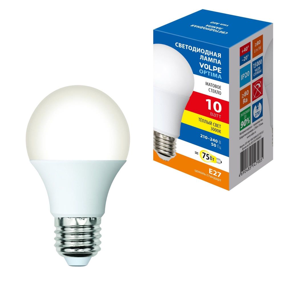 LED-A60-10W-3000K-E27-FR-SLS Лампа светодиодная. Форма A. матовая. Теплый белый свет 3000K. ТМ Volpe