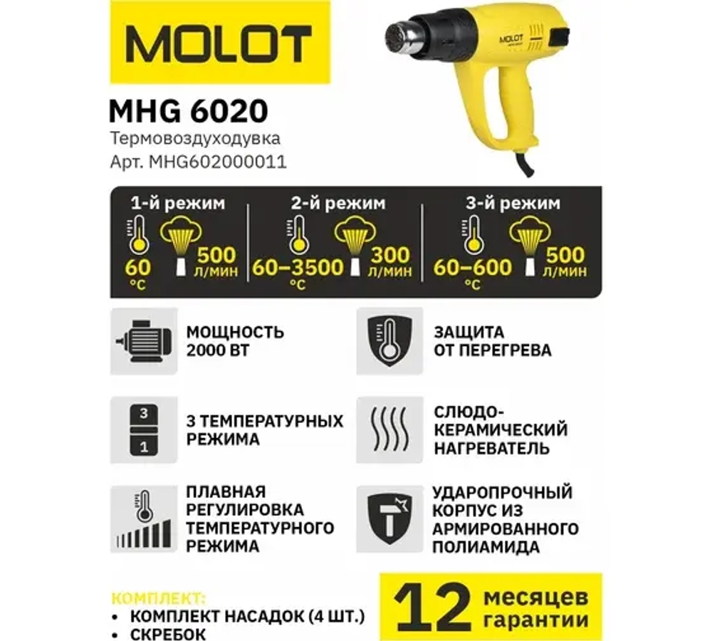 Термовоздуходувка MOLOT MHG 6020 в коробке + набор сопл