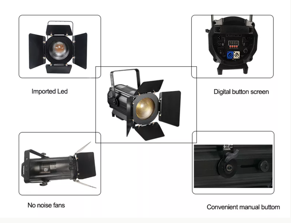 LED Fresnel Spotlight with Auto Zoom — Fresnel прожектор 350 Вт RGBW с авто-зумом 15–50°