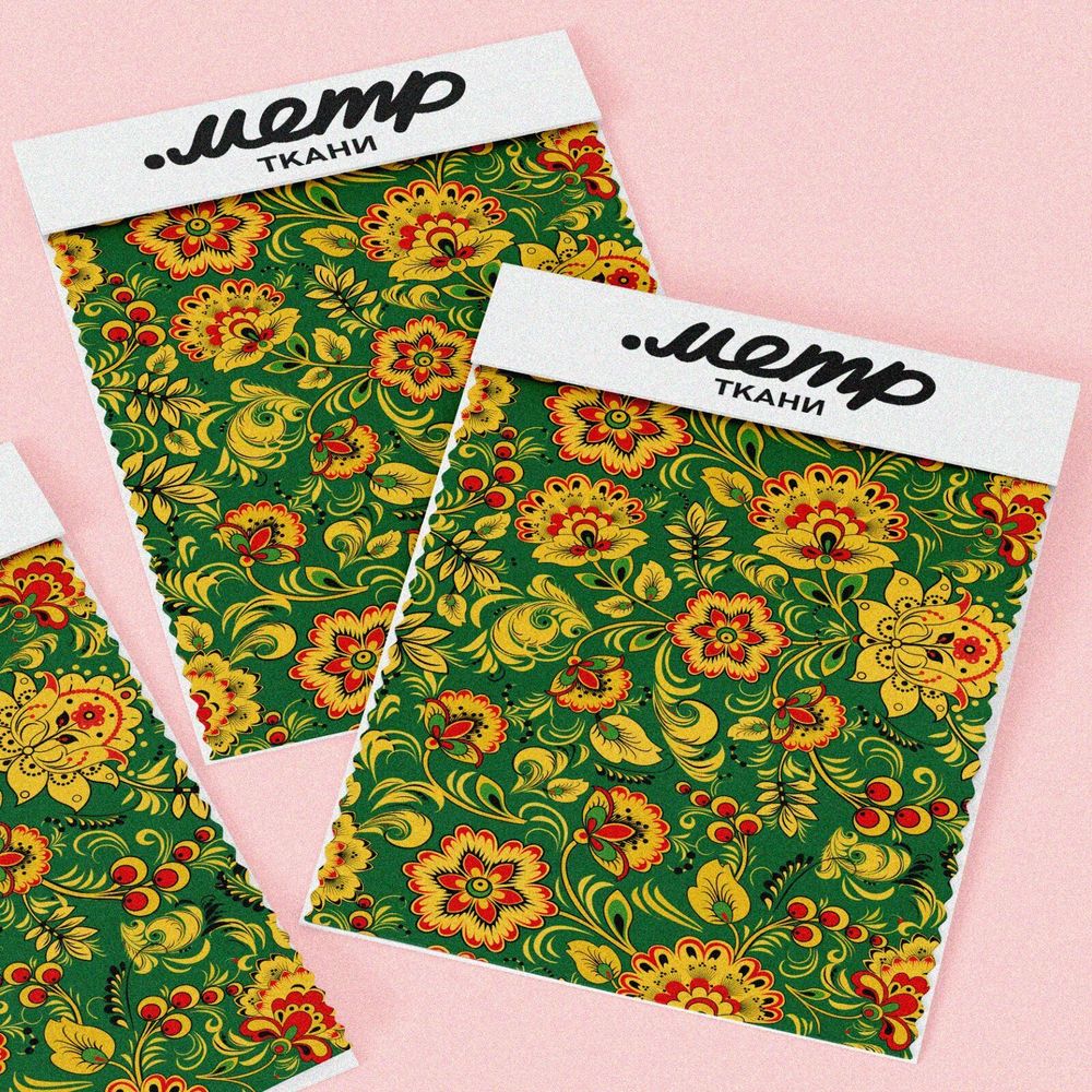 Ткань таффета хохлома на зелёном