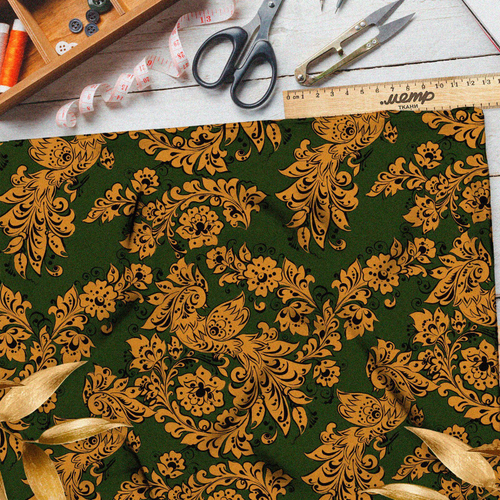 Ткань атлас золотистая роспись с цветами