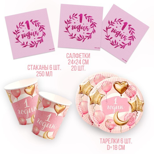 Набор посуды «1 годик»: салфетки 20 шт., стаканы 6 шт., тарелки 6 шт., розовый