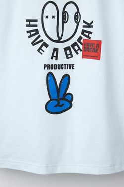 ZARA ФУТБОЛКА С ПРИНТОМ, ГОЛУБОЙ