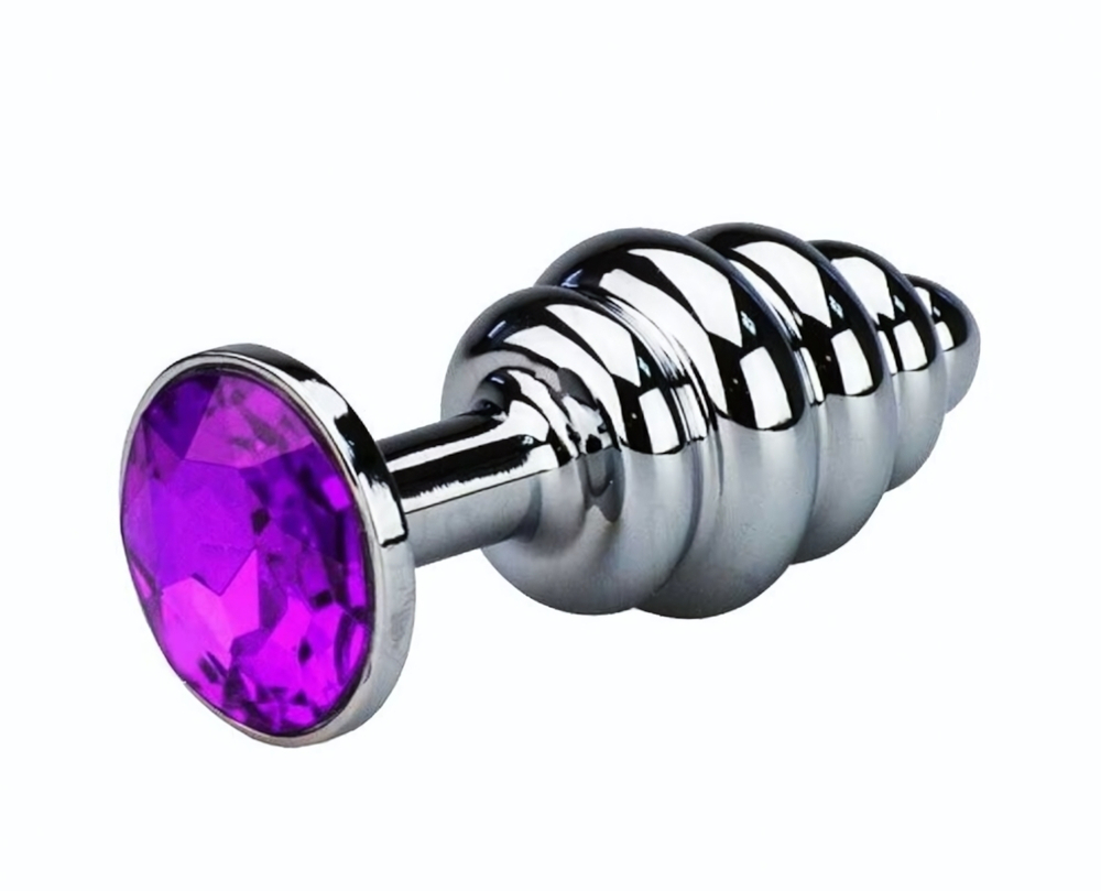 Анальная пробка Butt Plug Silver ребристая фиолетовый 7 см