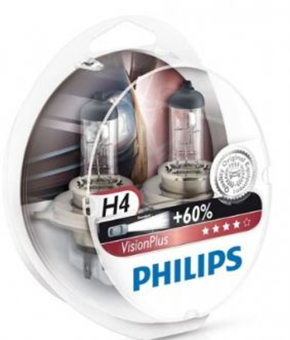 Автолампа H4 12V 60/55W P43t Philips  +60% Vision Plus (кт2шт) Р-12342VPS2,