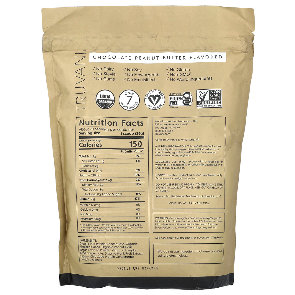 Truvani, Растительный протеиновый порошок, шоколад и арахисовая паста, 730 г (1,61 фунта)