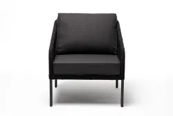 "Канны" кресло плетеное из роупа (узелки), каркас алюминий темно-серый (RAL7024) муар, роуп темно-серый круглый, ткань темно-серая 027