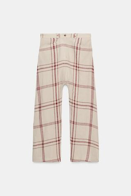 ZARA БРЮКИ БАГГИ ИЗ ЛЬНА В КЛЕТКУ — ZW COLLECTION, ЭКРЮ/КРАСНЫЙ