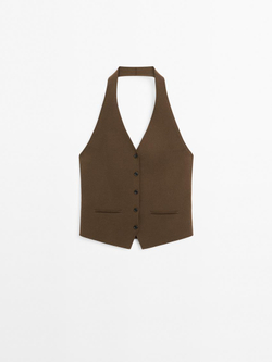 Massimo Dutti Вязаный жилет с воротником-халтер, хаки