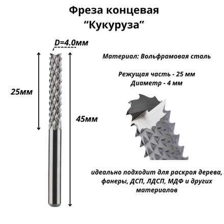 Вольфрамовая прямая фреза (кукуруза) двуxзаходная ST2F D:4мм L:25мм