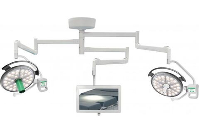 Потолочный двухблочный светодиодный операционный светильник Паналед-120/120 с видеокамерой HD и рычагом с кронштейном для монитора