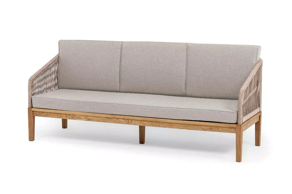 "Канны" диван 3-местный плетеный из роупа, основание дуб, роуп бежевый круглый, ткань бежевая 15052