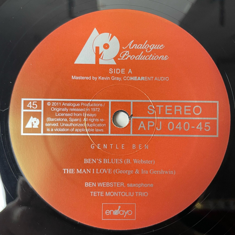 Винтажная виниловая пластинка LP Ben Webster, Tete Montoliu Trio Gentle Ben (USA 2011) Analogue Productions