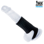 Черная открытая насадка на пенис с кольцом для мошонки XXL-size - 9,4 см. (Цвет: черный)