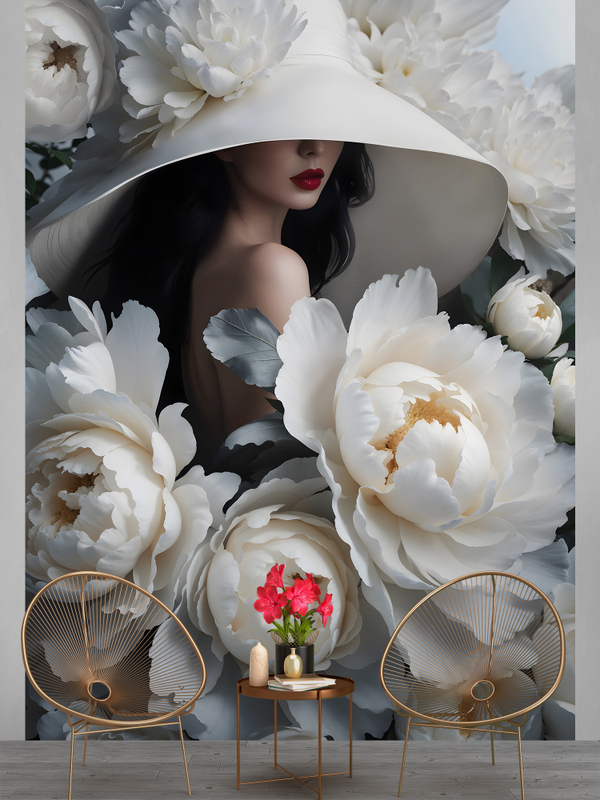 Объемные 3D Фотообои белые цветы и девушка в шляпе