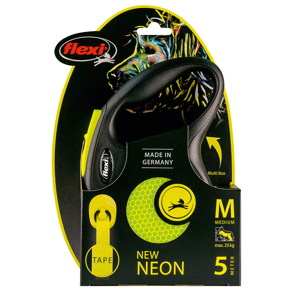flexi рулетка Neon New М (до 25 кг) лента 5 м, светоотражающая, желтый неон