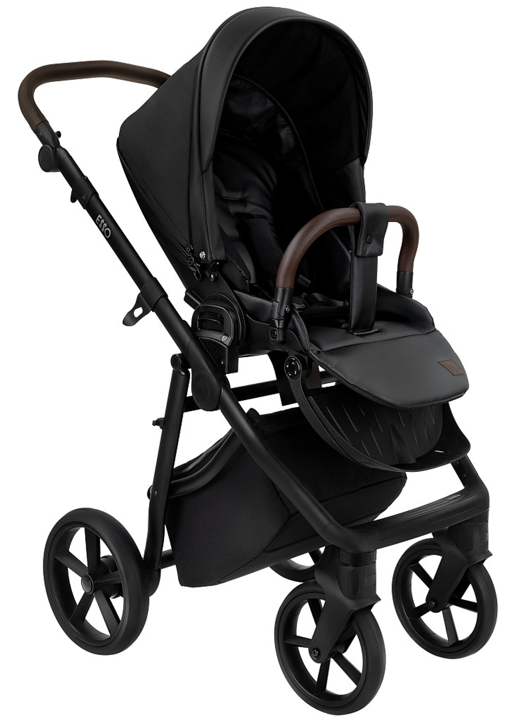 Детская коляска Roan Esso Кожа 2 в 1 ESSK/210/1 Black /Black/руч.Тем.коричневый