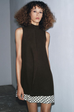 ZARA КОРОТКОЕ ПЛАТЬЕ В КЛЕТКУ, КОРИЧНЕВЫЙ