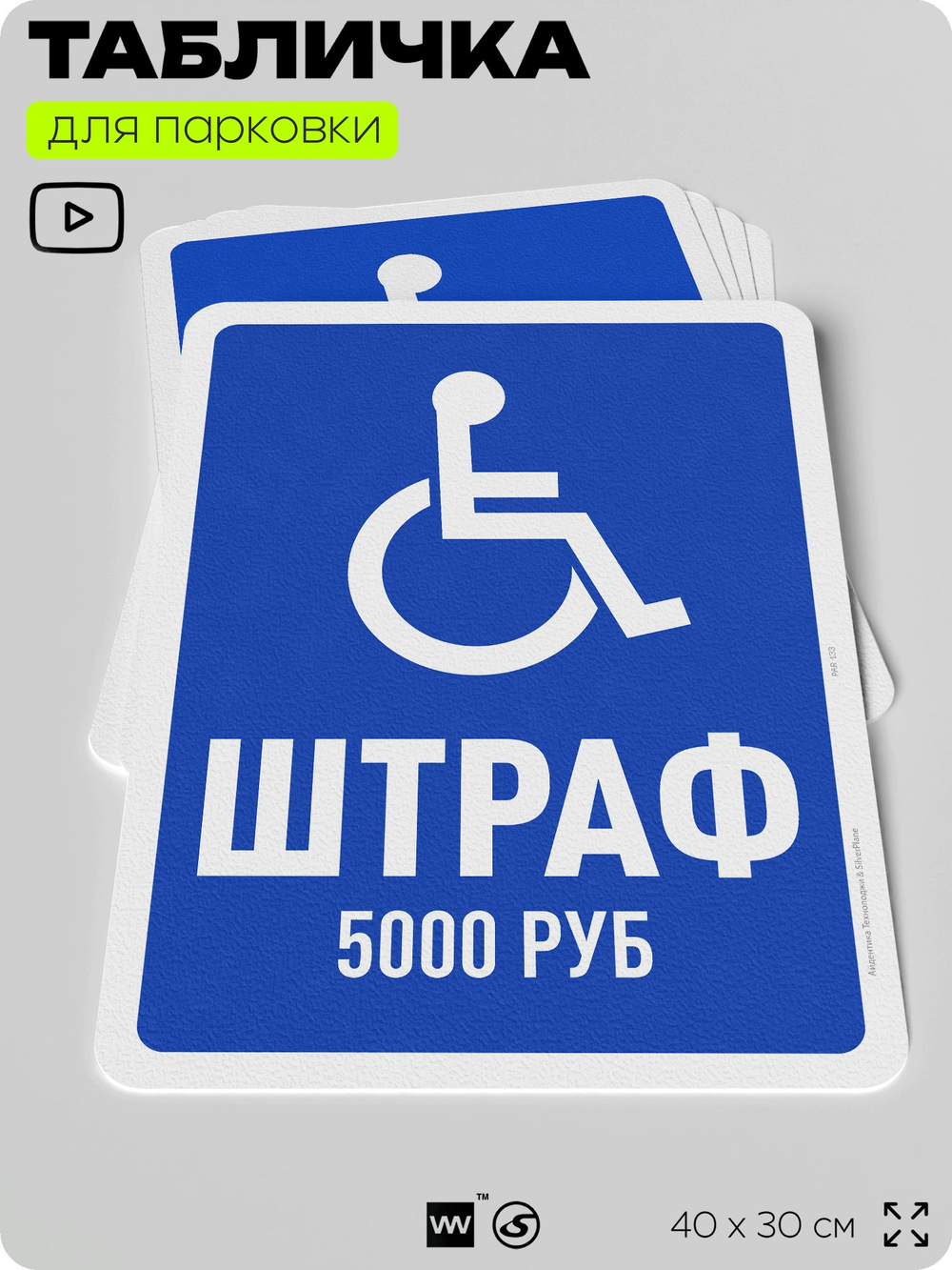 Табличка для парковки "Инвалидная парковка, штраф - 5000 руб", для дома, офиса, организаций, 40х30 см, Silver Plane x Айдентика Технолоджи
