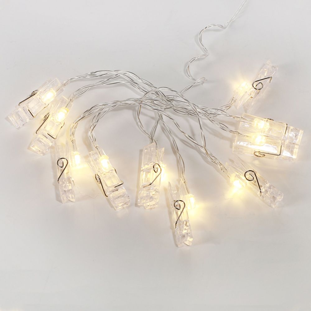 Гирлянда светодиодная Прищепки 10 LED, 1.5 м, прозрачный ПВХ, теплый белый цвет свечения, 2 х АА (ба