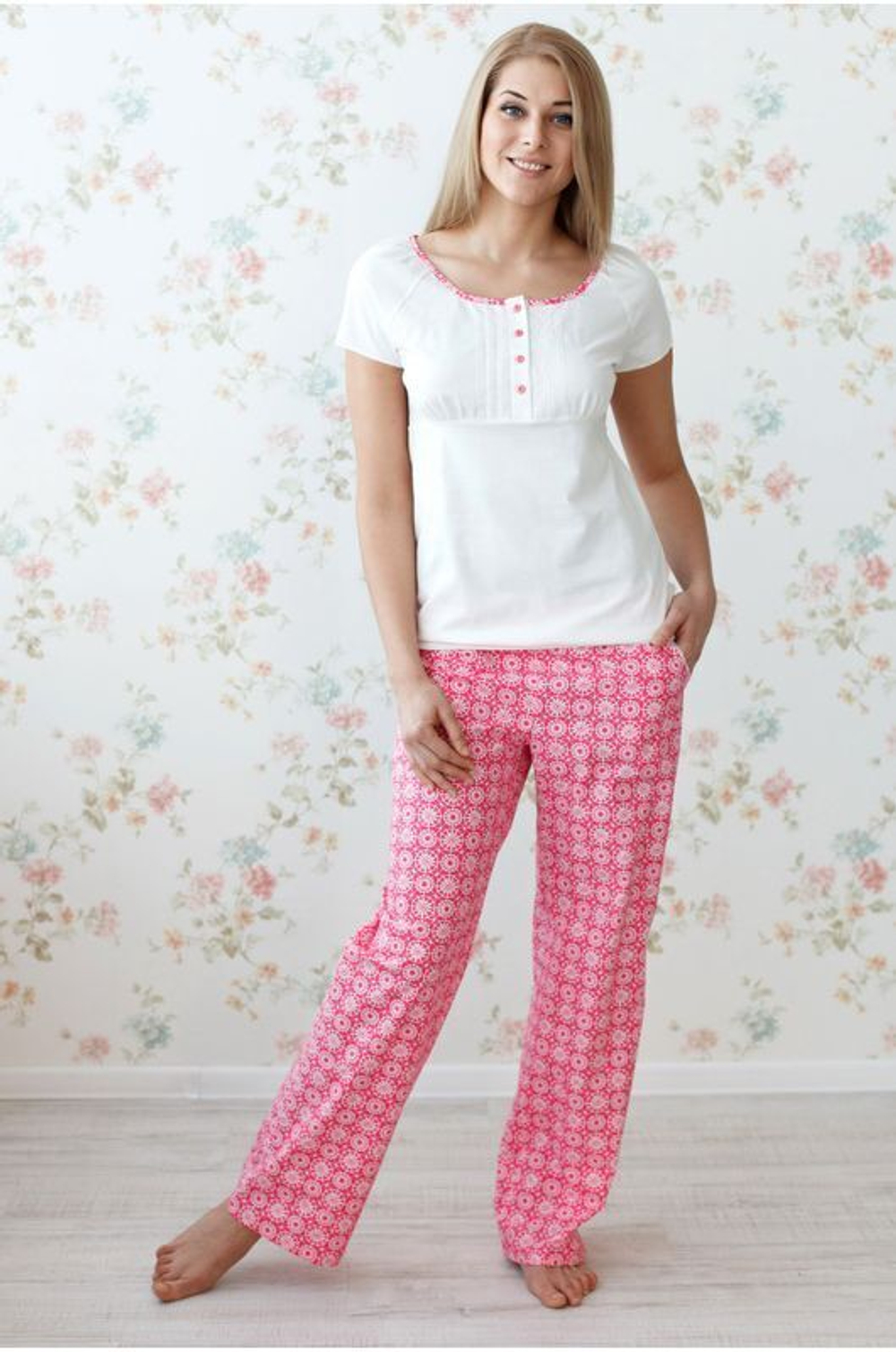 Оригинальный домашний комплект с брючками (Размер: XS) (Цвет: белый с розовым)