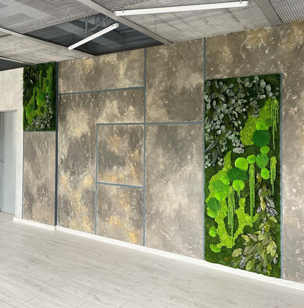 Пано из стабилизированных растений и мха различных видов для интерьера Event-агенства. г.Краснодар