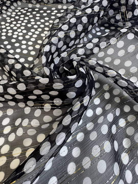 Шифон шелк, принт горох, черн/бел, люрекс